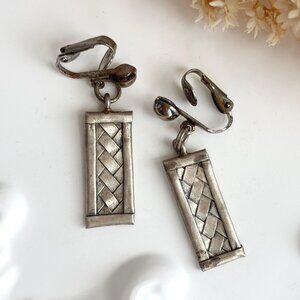 Braided | Crosshatched Vintage Dangle Rectangular Shaped Pewter Clip On Earrings